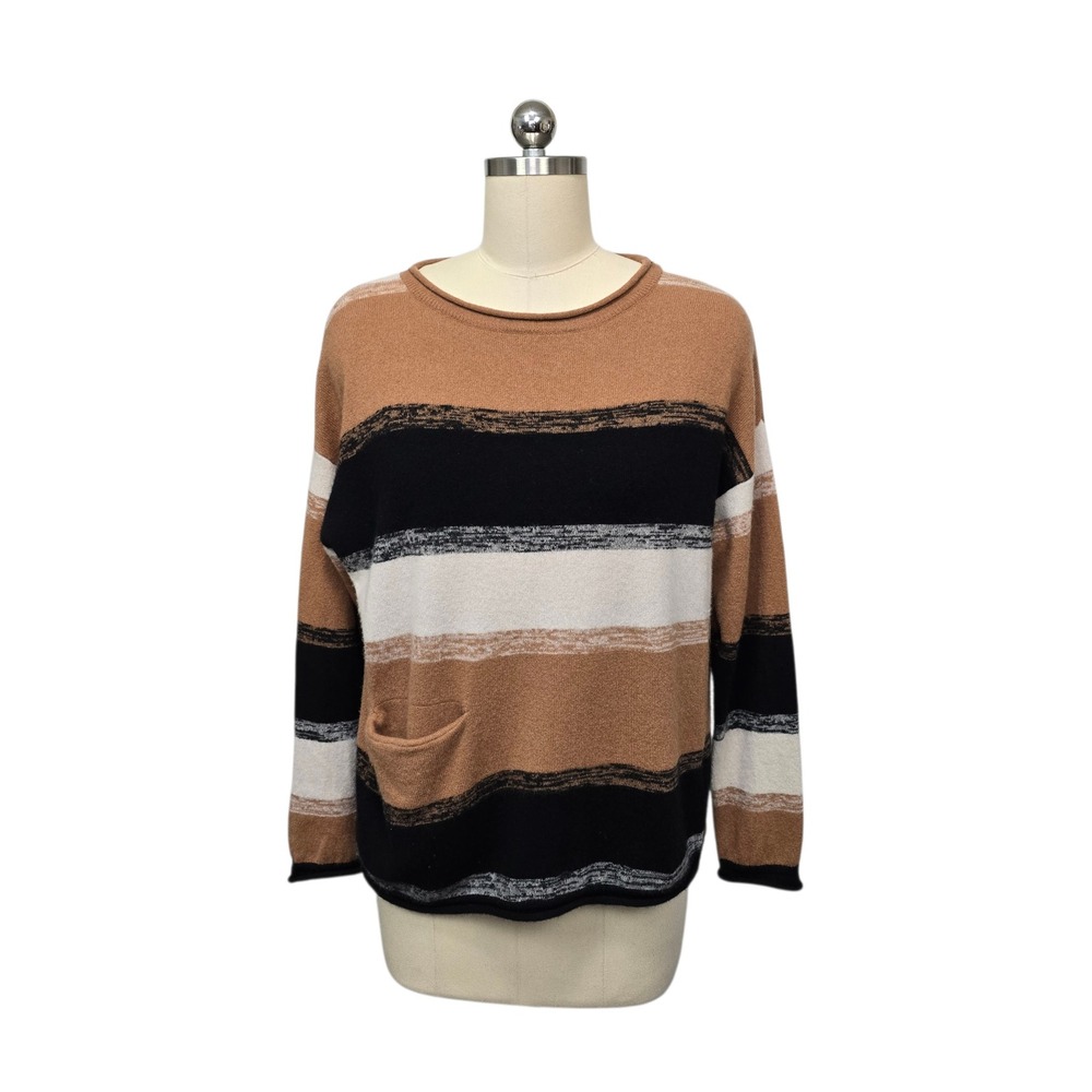 Garnet Hill Womens 100% Cashmere Striped Sweater Brown Black‎ Cream Size Medium